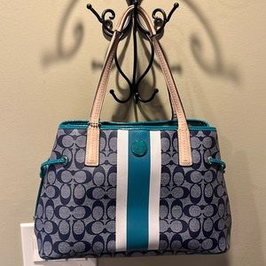 EUC COACH NAVY TEAL HAMPTON TOTE LEATHER LOGO VARSITY STRIPE